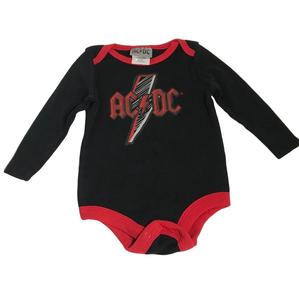 AC/DC Baby Bodysuit Long Sleeve Rock Band Logo 6-12M Black & Red Cotton Blend